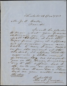 Theodore N. Gadsden, Charleston, S.C., autograph letter signed to Ziba B. Oakes, 16 December 1853