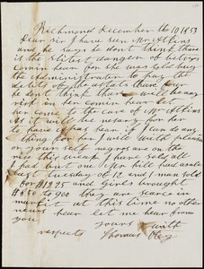 Thomas Otey, Richmond, Va., autograph letter signed to [Ziba B. Oakes?], 10 December 1853
