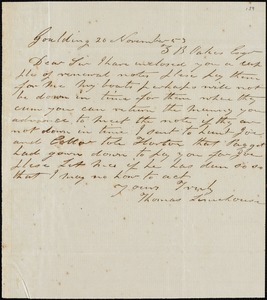 Thomas Limehouse, Goulding, S.C.[?], autograph letter signed to Ziba B. Oakes, 20 November 1853