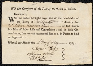 Susanna Perraway indentured to apprentice with Robert Haward, Jr. of Bridgewater