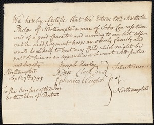 Mary Craigie indentured to apprentice with Nathaniel Phelps of Northampton