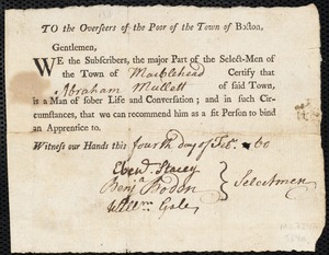 William Gaskin indentured to apprentice with Abraham Mullett of Marblehead