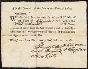 Sarah Hoar indentured to apprentice with David Willmarth [Willmerth] of Bridgewater
