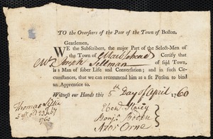 Thomas Lillie indentured to apprentice with Joseph Sellman of Marblehead