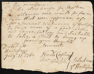 Sarah Whitney indentured to apprentice with Samuel Waterman of Halifax