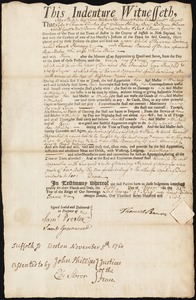 Sarah Kenney indentured to apprentice with Thomas Barron of Boston