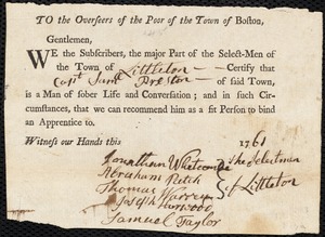 Jane Butler indentured to apprentice with Samuel Preston of Littleton