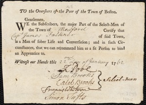 Mary Treboo indentured to apprentice with James Falkner of Medford