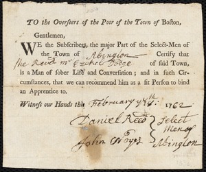 Josiah Snelling indentured to apprentice with Ezekiel Dodge of Abington