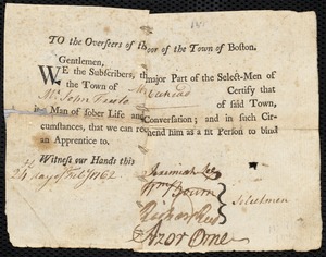 William Loveless indentured to apprentice with John Freeto of Marblehead