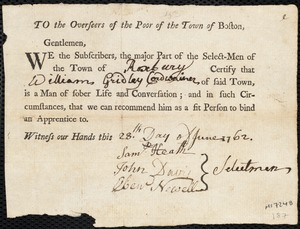 Sarah Allen indentured to apprentice with William Gridley of Roxbury
