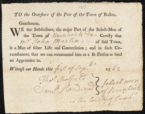 Ebenezer Bowman indentured to apprentice with John Martin of Brunswick