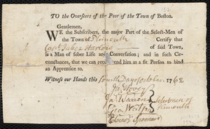 William Williams indentured to apprentice with Jabez Harlow of Plymouth