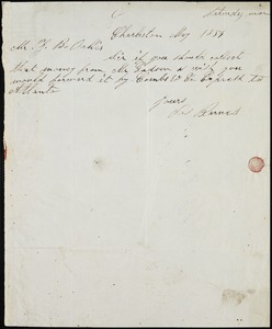 James Barnes, Charleston, S.C., autograph note signed to Ziba B. Oakes, May 1854