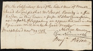 Bartholomew Lynch indentured to apprentice with Joseph Roundey of Marblehead