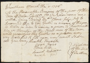 Abigail Craig indentured to apprentice with Ebenezer Fisher of Wrentham