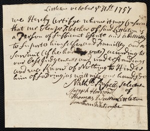 Joseph Miller indentured to apprentice with Eleazer [Ebenezer] Fletcher of Littleton