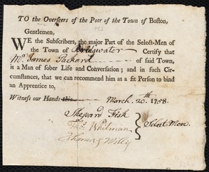 Robert Layman indentured to apprentice with James Packard of Bridgewater