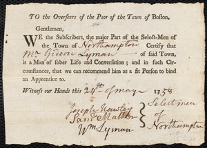 Joseph Ervin indentured to apprentice with Gideon Lyman of Northampton