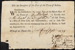 Parker Fessenden indentured to apprentice with Michael Wormstead [Wormsted] of Marblehead