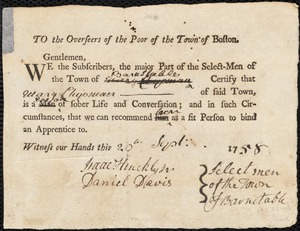 Sarah Whaley indentured to apprentice with Mary Chipman of Barnstable
