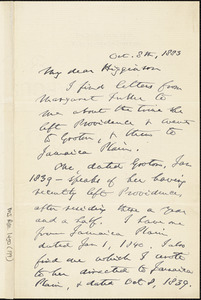 James Freeman Clarke autograph letter signed to Thomas Wentworth Higginson, Boston, Mass., 8 October 1883