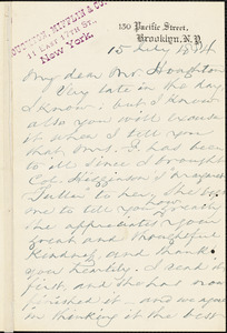 Frederick A. Farley autograph letter signed to Houghton, Mifflin &amp; Co., Brooklyn, 15 July 1884