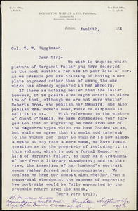 Houghton, Mifflin, &amp; Co. typed letter signed to Thomas Wentworth Higginson, Boston, Mass., 16 January 1884