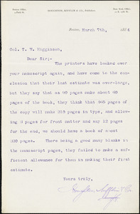 Houghton, Mifflin, &amp; Co. typed letter signed to Thomas Wentworth Higginson, Boston, Mass., 7 March 1884