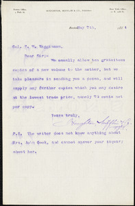 Houghton, Mifflin, &amp; Co. typed letter signed to Thomas Wentworth Higginson, Boston, Mass., 7 May 1884
