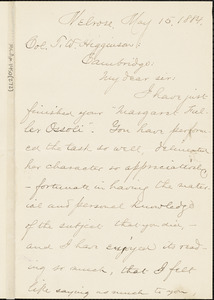 Elbridge Henry Goss autograph letter signed to Thomas Wentworth Higginson, Melrose, Mass., 15 May 1884