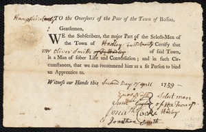 John Davis indentured to apprentice with Oliver Smith of Hadley