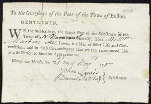 William Donner indentured to apprentice with William Martin of North Yarmouth