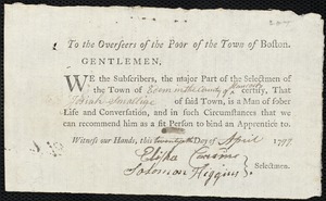 Henry Peterson Clark indentured to apprentice with Josiah Smallige of Eden