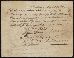 James Mathews indentured to apprentice with Lemuel Pierce of Roxbury