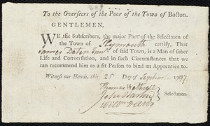 John Holden indentured to apprentice with James Daten, Jr. of Plymouth