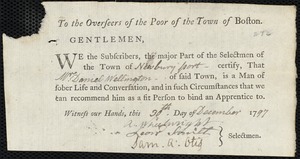 Richard Galley [Legalley] indentured to apprentice with Daniel Wellington of Newburyport