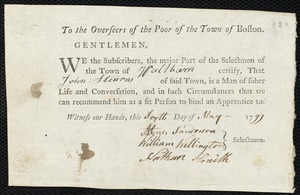 William Roges indentured to apprentice with John Stearns of Waltham