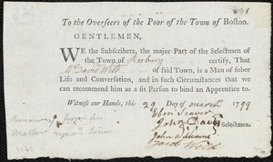 Joseph Ramsdale indentured to apprentice with David Weld of Roxbury
