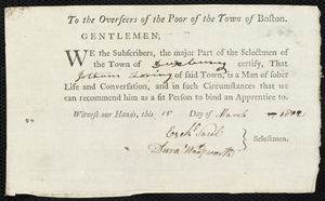 Joseph Robinson indentured to apprentice with Jotham Loring of Duxborough