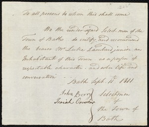 James Baker indentured to apprentice with Luke Lambard, Jr. of Bath