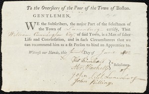Samuel Malborn indentured to apprentice with Williams [William] Cunningham of Lunenburg