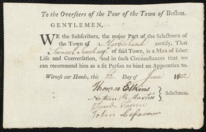 Barnaby Penny indentured to apprentice with Samuel Sewall of Marblehead