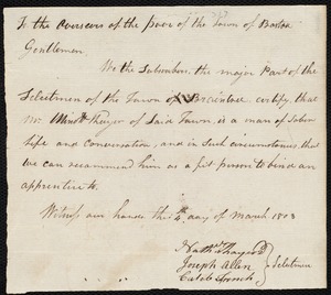 Thomas Davidson indentured to apprentice with Minott Thayer of Braintree