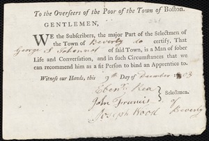John Stretch indentured to apprentice with George S. Johannot [Johnnot] of Beverly