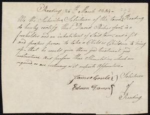 John Adams Mann indentured to apprentice with David Parker, Jr. of Reading