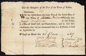 Elizabeth McGrath indentured to apprentice with Joseph Brightman of Falmouth