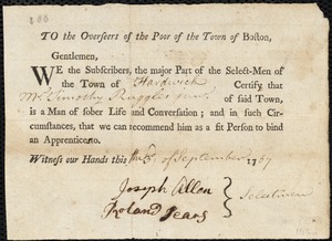 Mary Goggin indentured to apprentice with Timothy Ruggles, Jr. of Hardwick