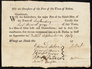 Elizabeth Utinock indentured to apprentice with Samuel [Sam] Gregg of Londonderry