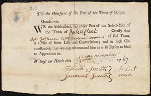 John Watson indentured to apprentice with Joshua Atwood of Wellfleet